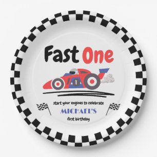 1e verjaardag Fast One Red Blue Race Car Papieren Bordje