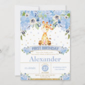 1e verjaardag Giraffe Blue Floral Kaart (Voorkant)