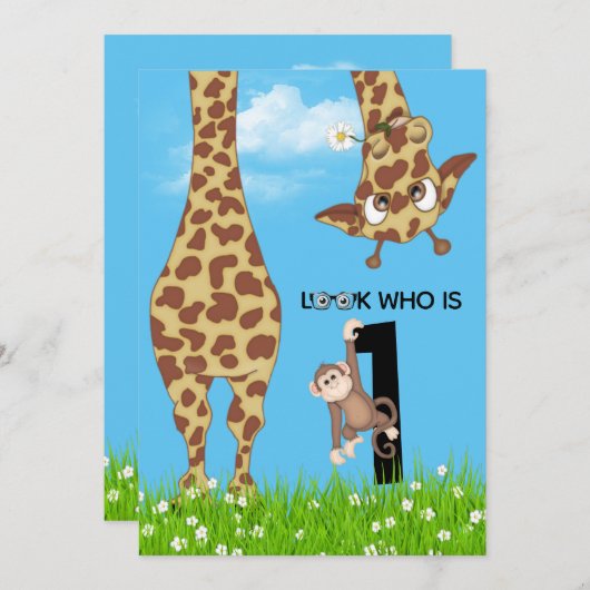 1e verjaardag Giraffe en aap in het gras Kaart (Voorkant / Achterkant)