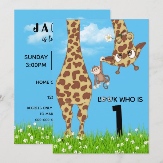 1e verjaardag Giraffe in gras Kaart (Voorkant / Achterkant)