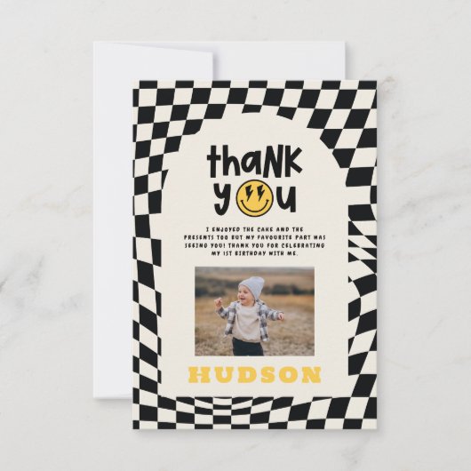 1e verjaardag glimlach gezicht retro zwart wit gro bedankkaart (Voorkant)