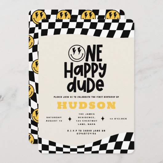 1e verjaardag glimlach gezicht retro zwart wit gro kaart (Voorkant / Achterkant)