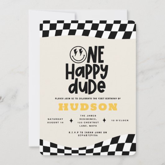 1e verjaardag glimlach gezicht retro zwart wit gro kaart (Voorkant)