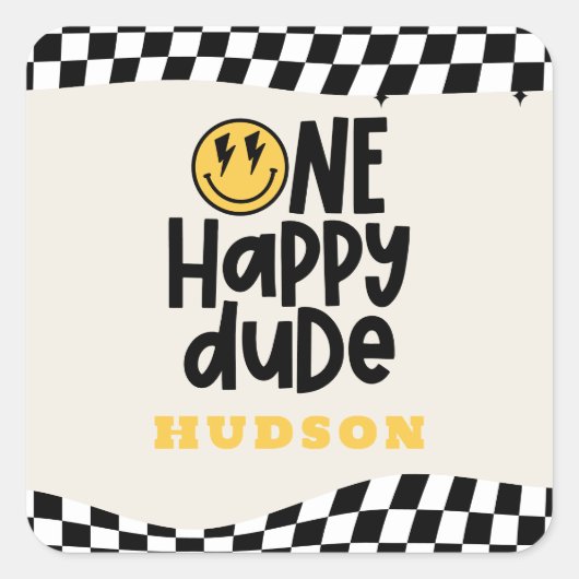 1e verjaardag glimlach gezicht retro zwart wit gro vierkante sticker (Voorkant)