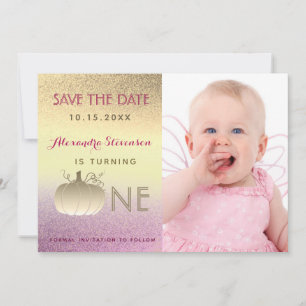 1e verjaardag Glitter Ombre Roze Goud Pompoen Foto Save The Date