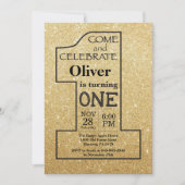 1e verjaardag Gold Glitter en zwarte uitnodiging (Voorkant)