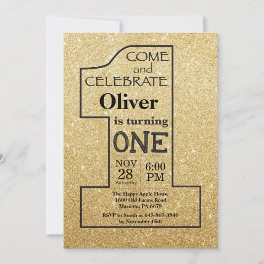 1e verjaardag Gold Glitter en zwarte uitnodiging (Voorkant)