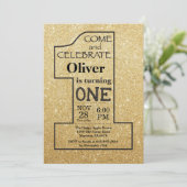 1e verjaardag Gold Glitter en zwarte uitnodiging (Staand voorkant)