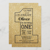 1e verjaardag Gold Glitter en zwarte uitnodiging (Voorkant / Achterkant)