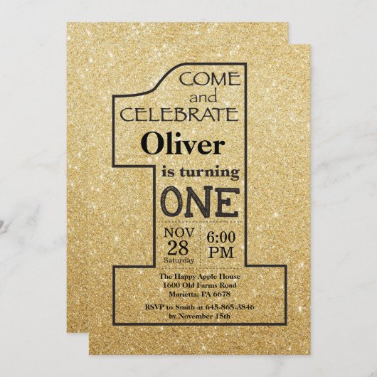 1e verjaardag Gold Glitter en zwarte uitnodiging (Voorkant / Achterkant)