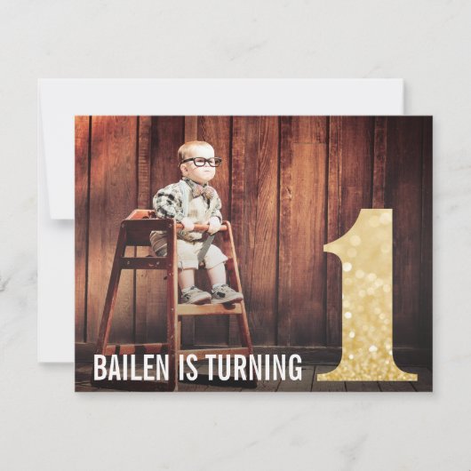 1e verjaardag Gold Glitter One Photo Uitnodiging (Voorkant)