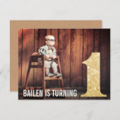 1e verjaardag Gold Glitter One Photo Uitnodiging (Voorkant / Achterkant)