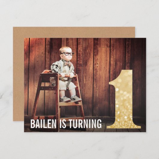 1e verjaardag Gold Glitter One Photo Uitnodiging (Voorkant / Achterkant)