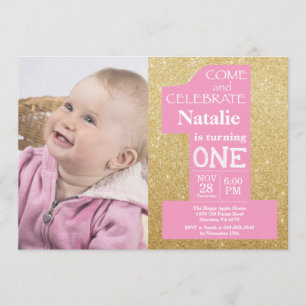 1e verjaardag Gouden glitter en roze foto Kaart
