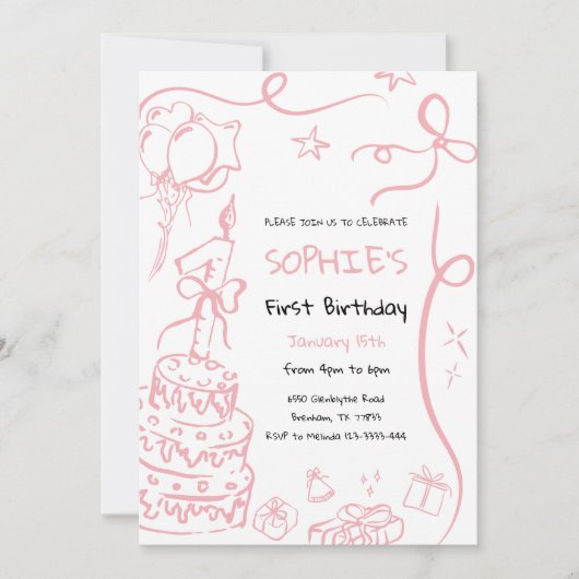 1e verjaardag Hand getrokken uitnodiging, verjaard Kaart (Voorkant)