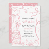 1e verjaardag Hand getrokken uitnodiging, verjaard Kaart (Voorkant / Achterkant)