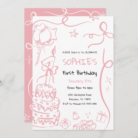 1e verjaardag Hand getrokken uitnodiging, verjaard Kaart (Voorkant / Achterkant)