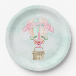 1e verjaardag hete luchtballon mint roze perzik papieren bordje