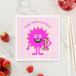 1e Verjaardag Hot Pink Girl Monster Schattige Bold Servet