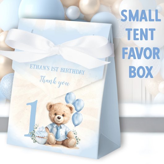 1e verjaardag Jongen Blauw Beige Teddy Bear Tent Bedankdoosjes