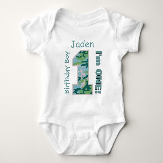 1e Verjaardag Jongen Groene CAMO 1 Jaar Custom Nam Romper (Voorkant)