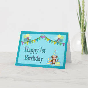 1e Verjaardag Kaart - Aap, Pennants & Balloons