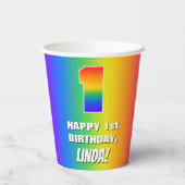 1e verjaardag: kleurrijk, vun regenboogpatroon # 1 papieren bekers (Achterkant)