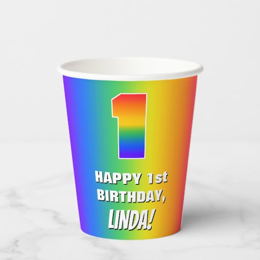 1e verjaardag: kleurrijk, vun regenboogpatroon # 1 papieren bekers (Achterkant)