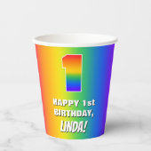 1e verjaardag: kleurrijk, vun regenboogpatroon # 1 papieren bekers (Voorkant)