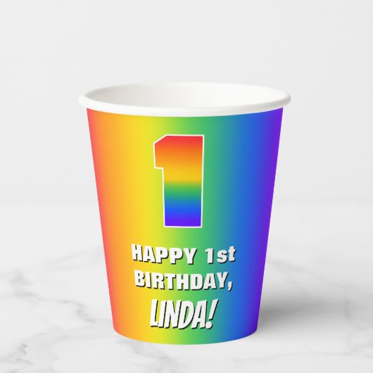 1e verjaardag: kleurrijk, vun regenboogpatroon # 1 papieren bekers (Voorkant)