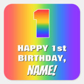 1e verjaardag: kleurrijk, vun regenboogpatroon # 1 vierkante sticker (Voorkant)