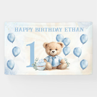 1e Verjaardag Leuk Beer Blauwe Ballonnen Banner