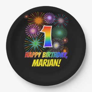 1e verjaardag: leuk vuurwerkpatroon + regenboog 1 papieren bordje