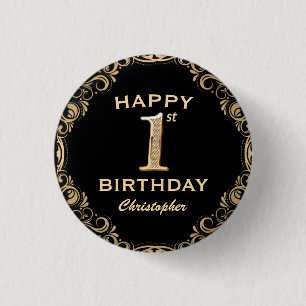 1e verjaardag Lijst voor zwarte feestdag en goudgl Ronde Button 3,2 Cm