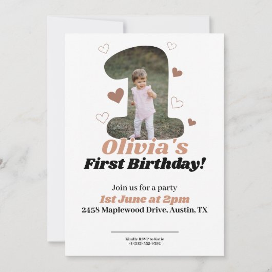 1e verjaardag minimalistische beige teddyharten kaart (Voorkant)