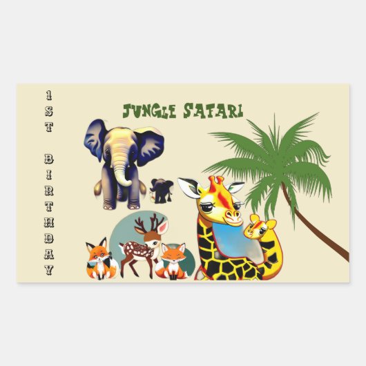 1e Verjaardag Oerwoud Safari Olifant Giraffe Herte Rechthoekige Sticker (Voorkant)