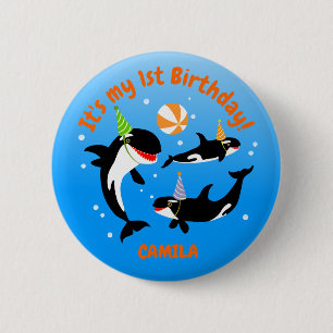 1e verjaardag onder het zee orka walvis baby meisj ronde button 5,7 cm