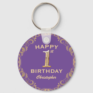 1e verjaardag Paars en goudglitter Lijst Sleutelhanger
