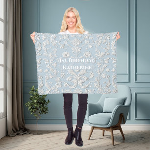 1e verjaardag Pastelblauw Shabby Chic Vintage Flor Fleece Deken