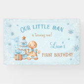 1e verjaardag peperkoek man jongen blauwe kerst spandoek (Horizontaal)