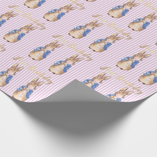 1e Verjaardag Peter het Konijn Roze Bubble kauwgom Cadeaupapier (Hoek)