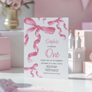 1e verjaardag Pink Bow Uitnodiging