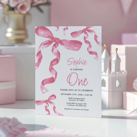 1e verjaardag Pink Bow Uitnodiging