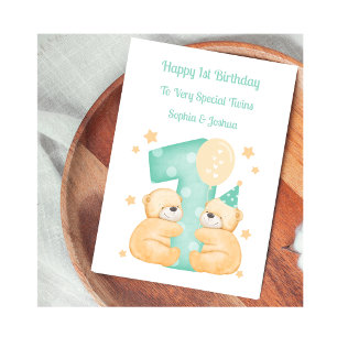 1e Verjaardag Polka Dot Teddies Twin Verjaardag Ka Kaart