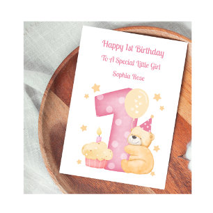1e Verjaardag Polka Dot Teddy Verjaardag Meisje Ka Kaart