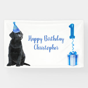 1e Verjaardag Puppy Theme- Schattige Dog Blue Boy  Spandoek