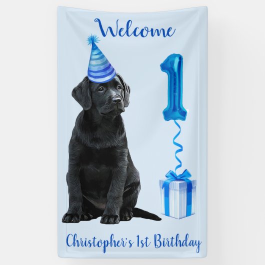 1e Verjaardag Puppy Theme- Schattige Dog Blue Boy Spandoek (Verticaal)