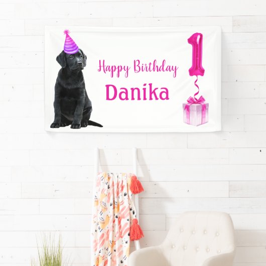 1e Verjaardag Puppy Theme- Schattige Dog Pink Meis Spandoek (Insitu)