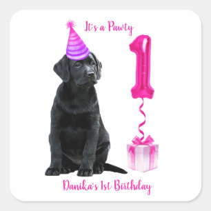 1e Verjaardag Puppy Theme- Schattige Dog Pink Meis Vierkante Sticker