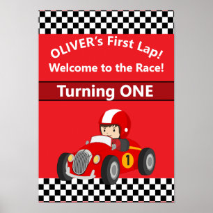 1e Verjaardag Raceauto Feest Poster Bewerkbaar